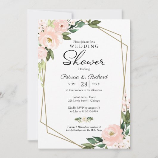 カップルシャワーピンク赤面フローラ幾何学模様 招待状 (正面)