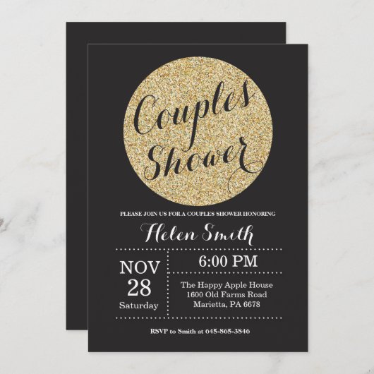 カップルシャワーブラックアンド金ゴールドグリッター招待状 招待状 (正面/裏面)