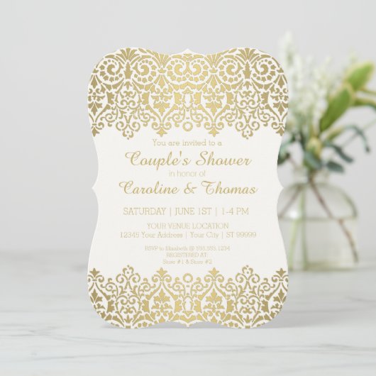 カップルシャワーモダンヴィンテージゴールデンレエレガントース 招待状 (スタンド正面)