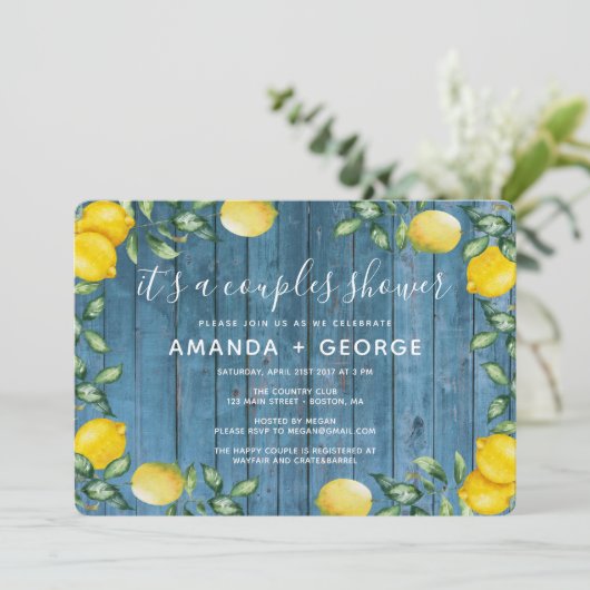 カップルシャワーレモンとブルーウッド招待状 招待状 (スタンド正面)
