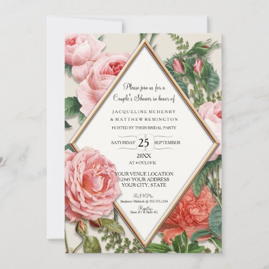 カップルシャワーヴィンテージ英語フローラバラ金ゴールド 招待状 (正面)