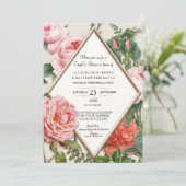 カップルシャワーヴィンテージ英語フローラバラ金ゴールド 招待状 (スタンド正面)