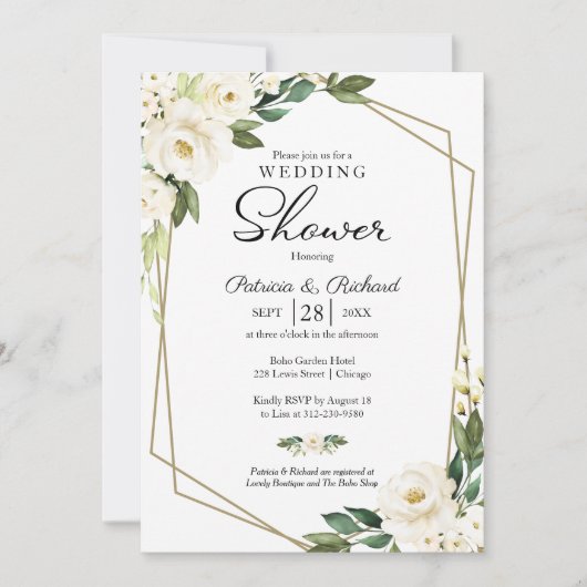 カップルシャワー幾何学的フローラ緑 招待状 (正面)