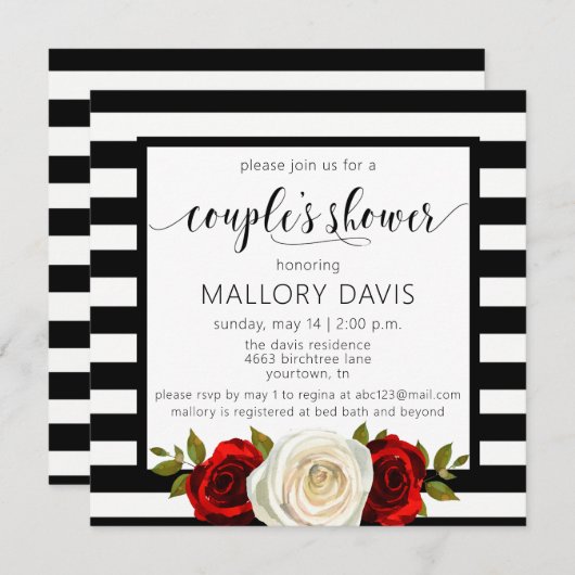 カップルシャワー招待状白黒ストライプバラ 招待状 (正面/裏面)