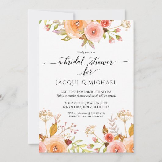 カップルシャワー水彩ピンクフローラローズブーケ 招待状 (正面)