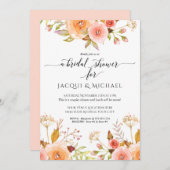 カップルシャワー水彩ピンクフローラローズブーケ 招待状 (正面/裏面)