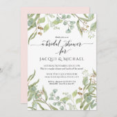カップルシャワー水色ユーカリ緑のピンク 招待状 (正面/裏面)