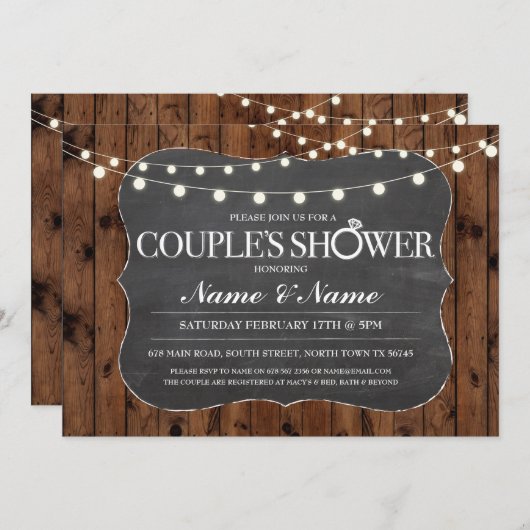 カップルシャワー素朴ウッドチョーク婚約招待状 招待状 (正面/裏面)