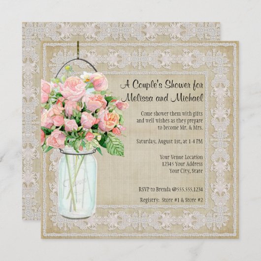 カップルシャワー素朴カントリーメイソンジャーバラ 招待状 (正面/裏面)
