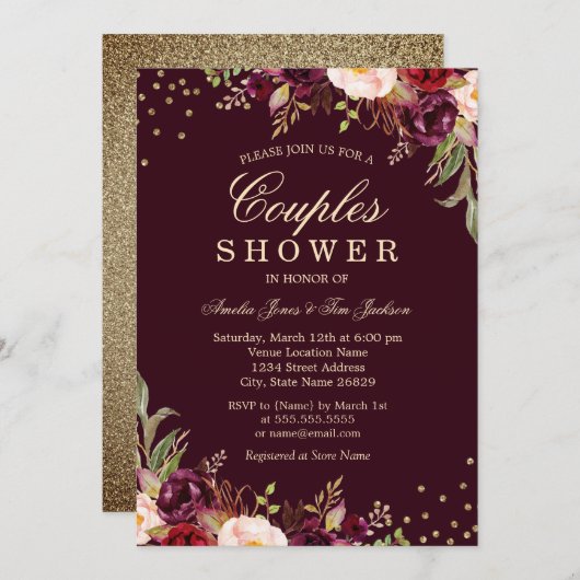 カップルシャワー金ゴールドバーガンディフローラスパークル 招待状 (正面/裏面)