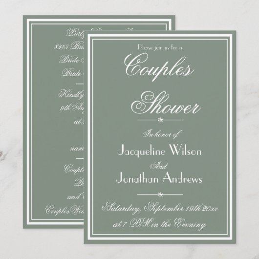 カップルシャワー　セージグリーン　シンプル　ラスティック　名前　RSVP 招待状 (正面/裏面)
