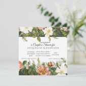 カップルシャワー | フォレストコーラルとアイボリーローズの花束 招待状 (スタンド正面)