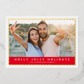 カップルシンプルクリスマスフォト金ゴールド縁ど赤いホイル 箔シーズンカード (正面)