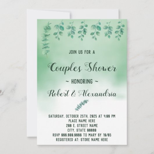 カップルズウェディングシャワーグリーナリーユーカリプタス 招待状 (正面)
