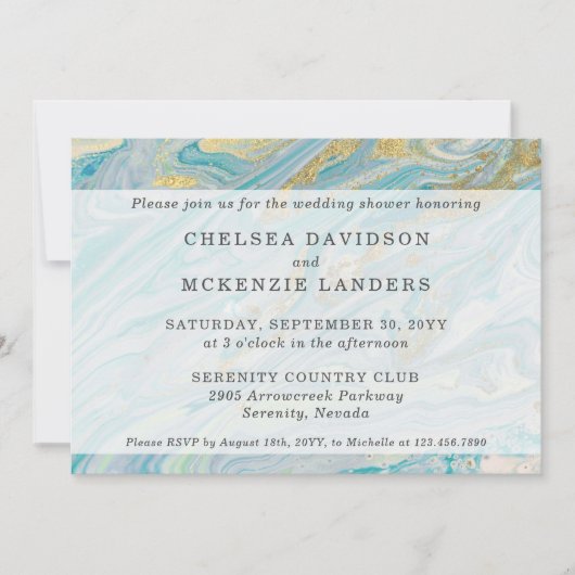 カップルズウェディングシャワーターコイズ&金ゴールド大理石 招待状 (正面)