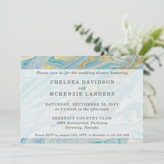 カップルズウェディングシャワーターコイズ&金ゴールド大理石 招待状 (スタンド正面)