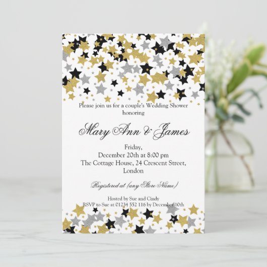 カップルズウェディングシャワー金ゴールドグリッタースターズ 招待状 (スタンド正面)