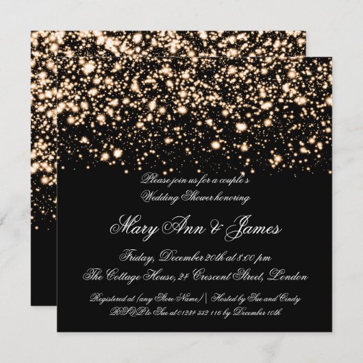カップルズウェディングシャワー金ゴールドミッドナイトグラム 招待状 (正面/裏面)