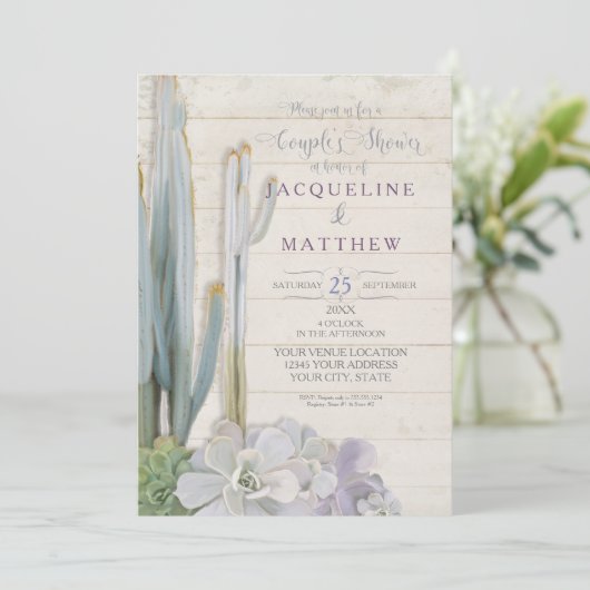 カップルズシャワーデザートサボテンサククレントウッドアート 招待状 (スタンド正面)