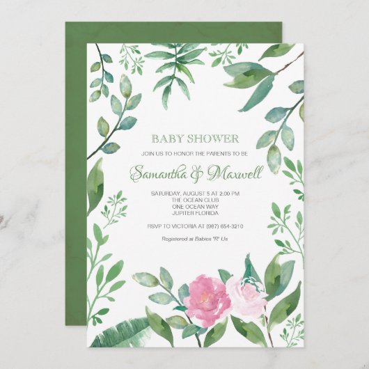 カップルズベビーシャワー招待状ピンクローズ 招待状 (正面/裏面)