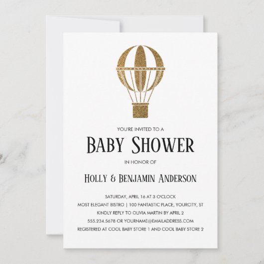 カップルズベビーシャワー金ゴールドグリッターホットエアバルーン 招待状 (正面)