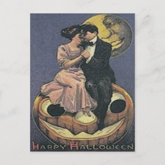 カップルハロウィーンのカボチャのちょうちん男の月 ポストカード (正面)