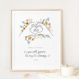 カップルハートシェイプ手フローララインアート ポスター