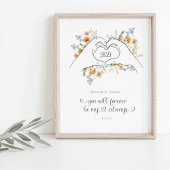 カップルハートシェイプ手フローララインアート ポスター