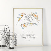 カップルハートシェイプ手フローララインアート ポスター