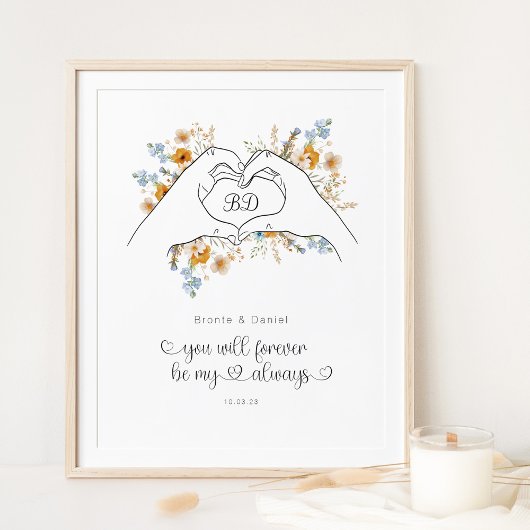 カップルハートシェイプ手フローララインアート ポスター