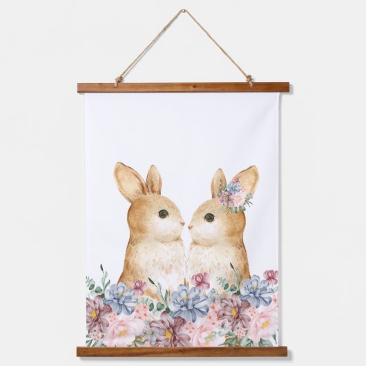 カップルバニーフラワーウッドランド子供部屋デコール 吊り下げ型タペストリー (正面)
