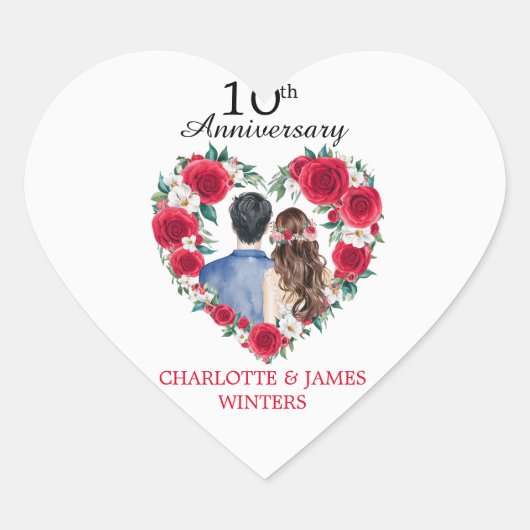 カップルバラ水彩10周年結婚を迎える ハートシール (正面)