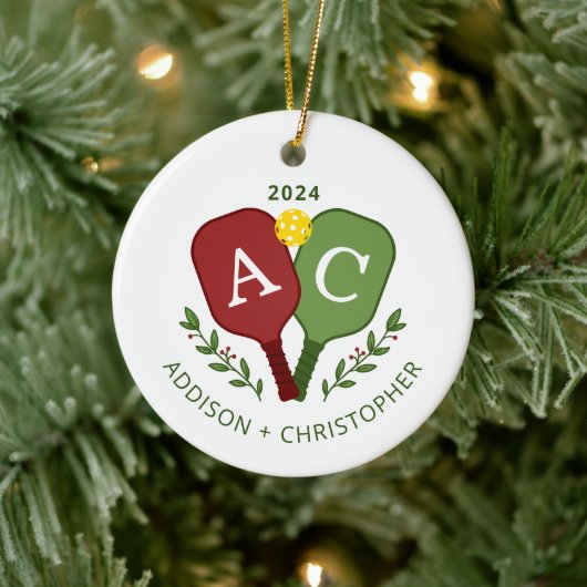 カップルパーソナライズされたピックボールのクリスマスオーナメント セラミックオーナメント (ツリー)