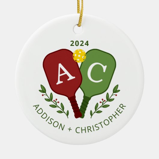 カップルパーソナライズされたピックボールのクリスマスオーナメント セラミックオーナメント (正面)