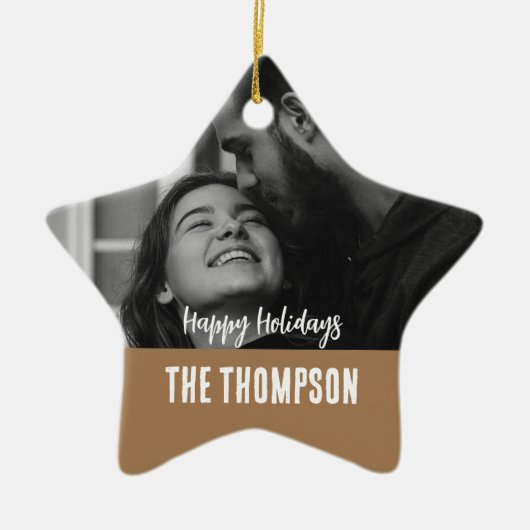 カップルパーソナライズされたフォト白黒と茶色 セラミックオーナメント (正面)