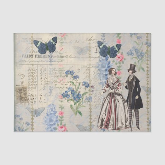 カップルビクトリアン青い蝶、花の中 薄葉紙 (正面)