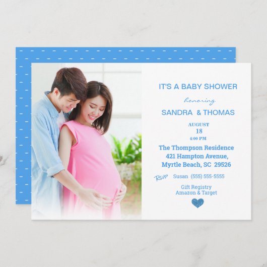 カップルフォトブルーベビーシャワー招待状 招待状 (正面/裏面)