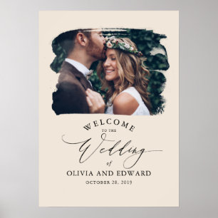 カップルフォトライトブラウン結婚のウェルカムサイン ポスター