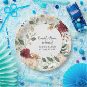 カップルブライダルシャワー水色フローラ格子灰色 ペーパープレート (パーティー)