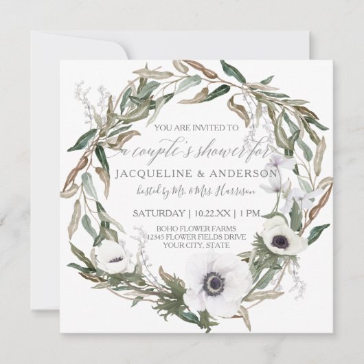 カップルブライダルシャワー素朴ホワイトフローラwオリーブ 招待状 (正面)