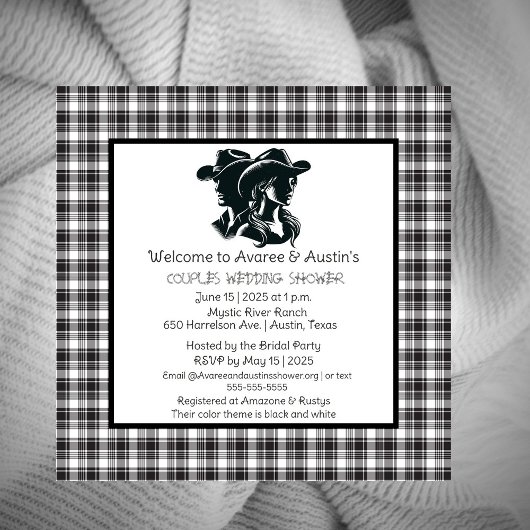 カップルブラックアンドホワイトウェスタンテーマシャワー 招待状