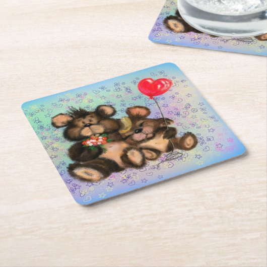 カップルベアとハートバルーン紙コースター スクエアペーパーコースター (アングル)