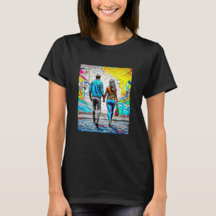 カップルホールディングハンズアーバン通りアート Tシャツ