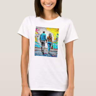 カップルホールディングハンズアーバン通りアート Tシャツ