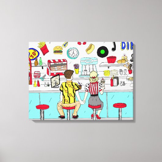 カップルホールディングハンドレトロ懐かしいフィフティスディナー キャンバスプリント (正面)