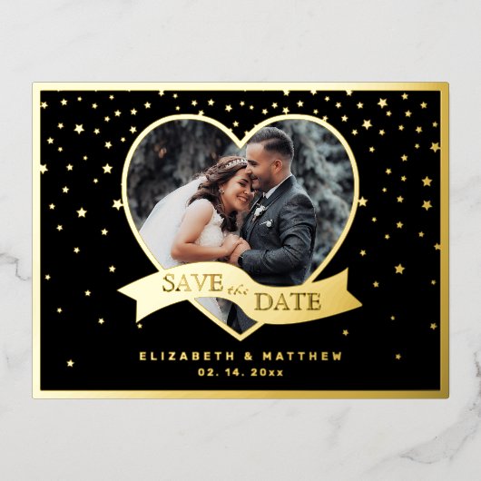 カップルモダンの写真の結婚式の日付を保存 箔招待状ポストカード (正面)