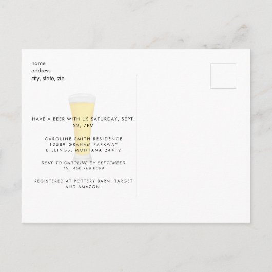 カップルモダンの写真はUsブライダルとビールを持つ インビテーションポストカード (裏面)