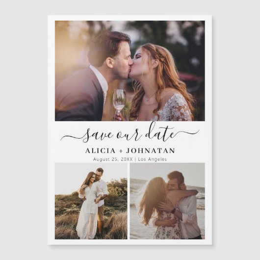 カップルモダンの写真コラージュの結婚式の日付を保存 マグネット招待状 (正面)