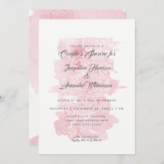 カップルモダンシャワーシンプル水カラー洗浄ピンク 招待状 (正面/裏面)