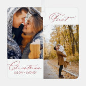 カップルモダンスタイリッシュ初めてのクリスマスのスクリプト写真 メタルオーナメント (正面)